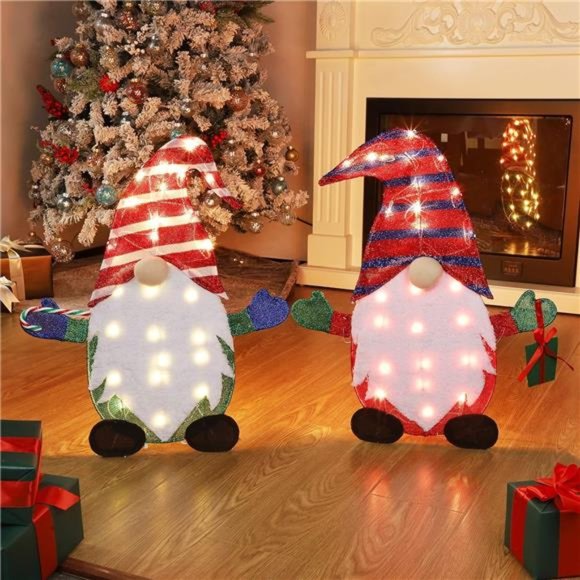 2 Pack Pre-Lit Light Up Gnomes, 50 Lights Lighted Gnome Christmas Decoration - Picture 3 of 6